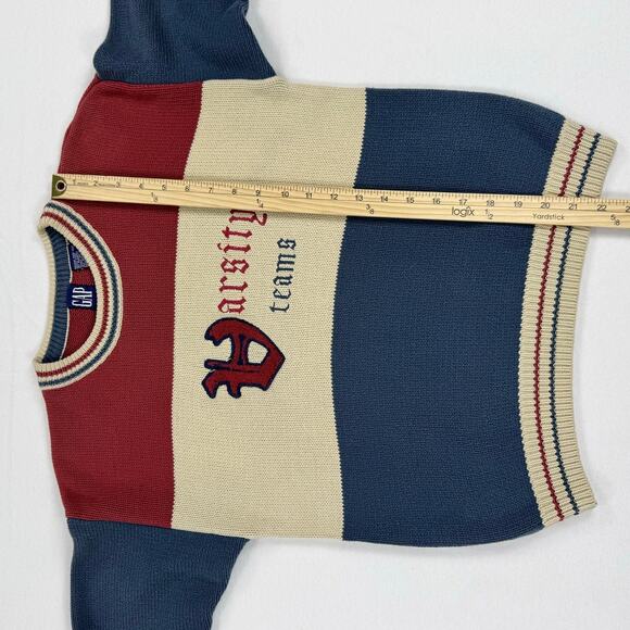 Gap Kids Vintage 80s Varsity Teams Knit Sweater Large Red Beige Blue 100% Cotton - Picture 9 of 9